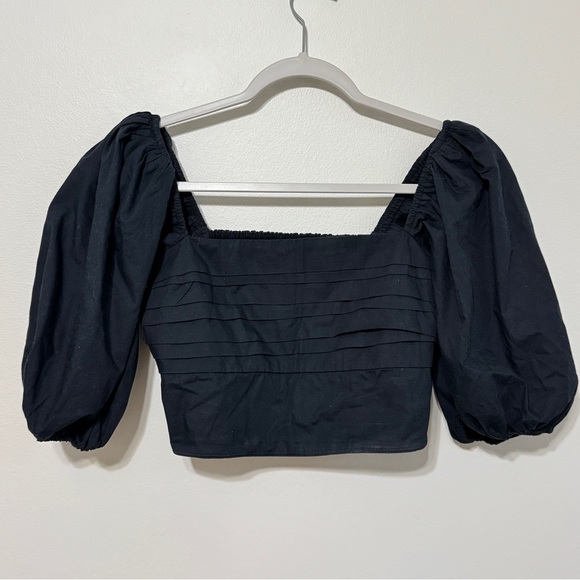 Abercrombie & Fitch Emerson Top Size Small Black Poplin Crop Shirt Puff Sleeve - Picture 2 of 6